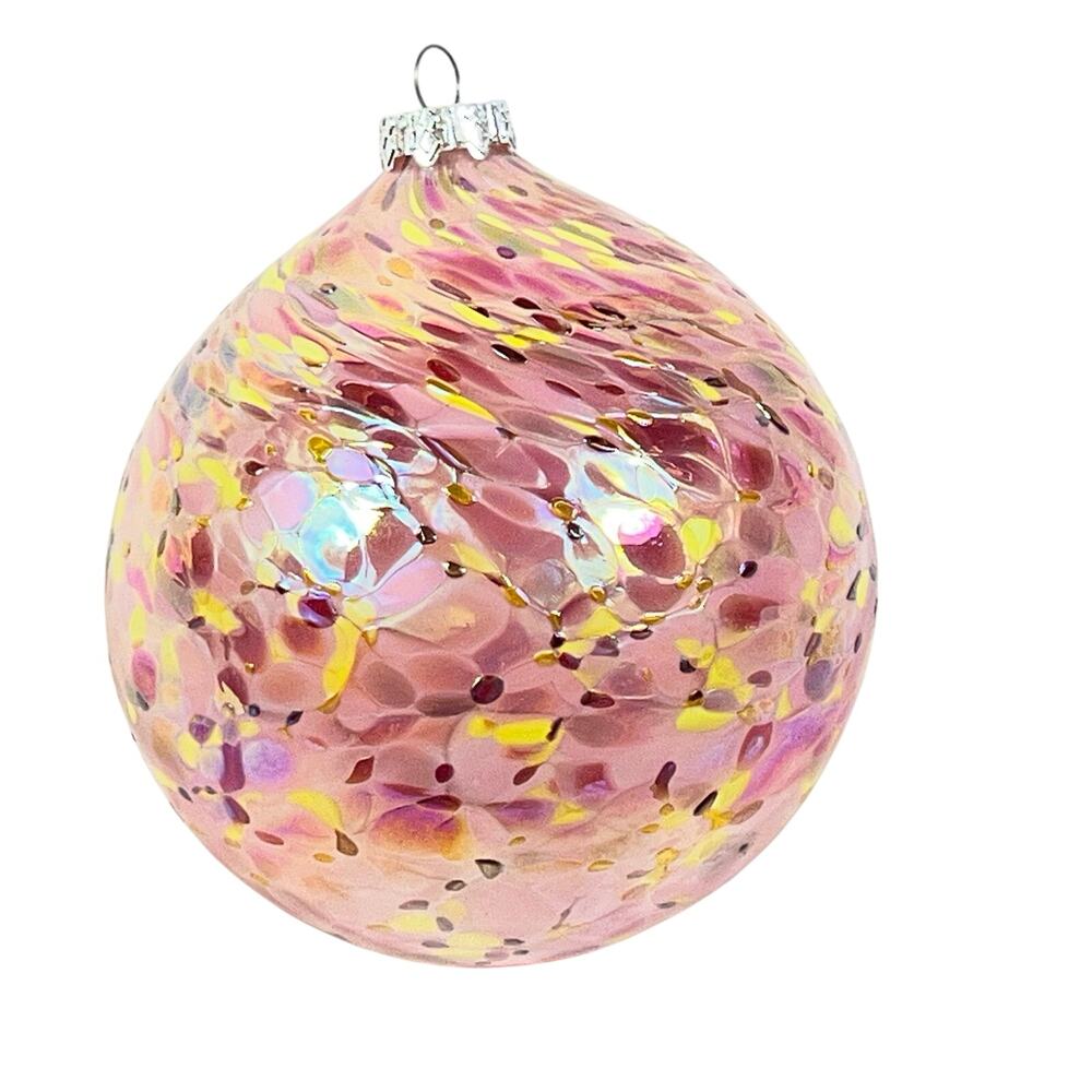 Hand Blown Art Glass Christmas Ball Ornament Pink Yellow Confetti 3" Suncatcher